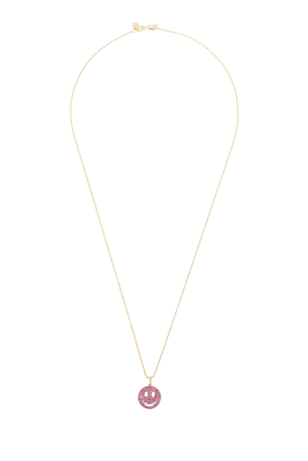 Happy Face Medium Pendant Necklace, 14k Yellow Gold & Rubies